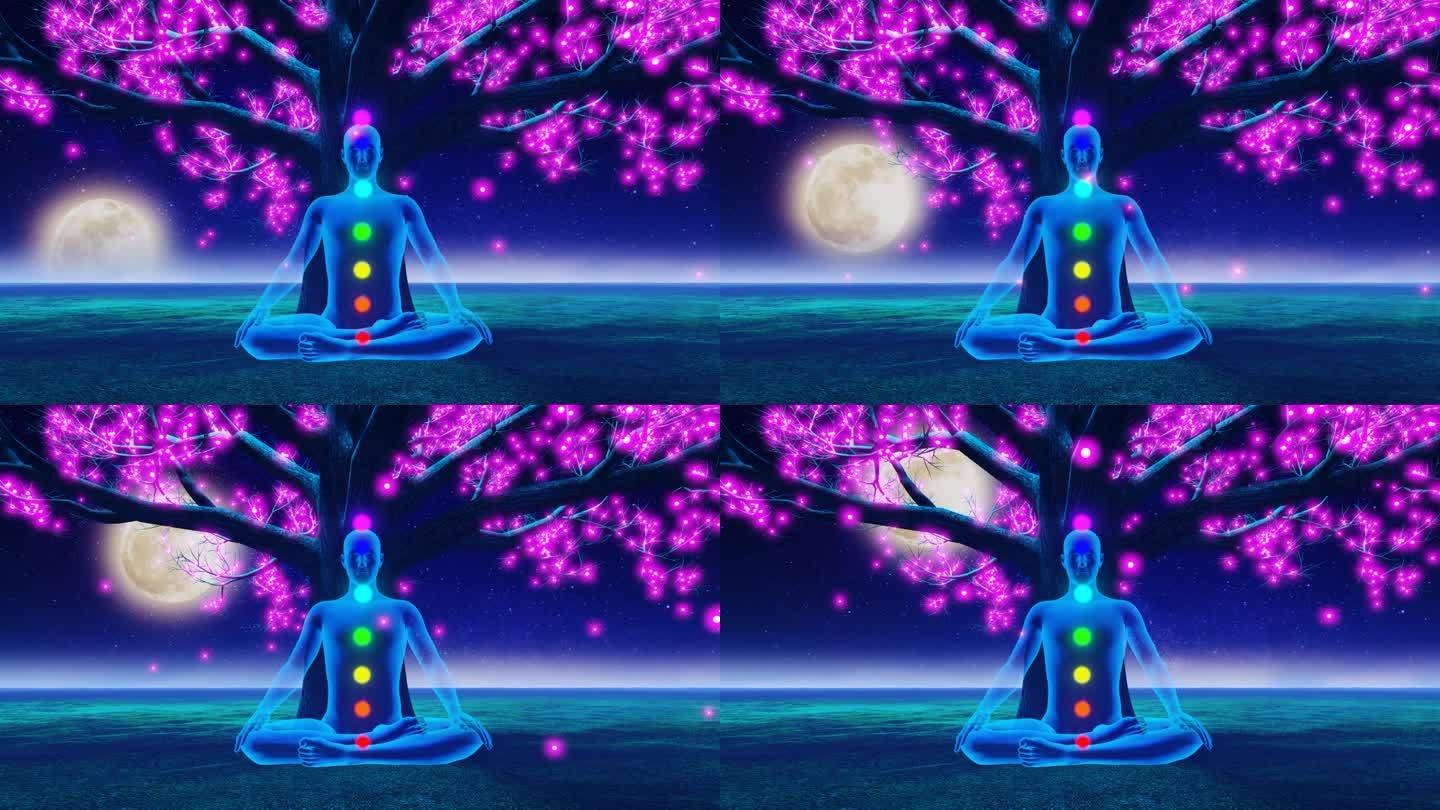 拥有脉轮的瑜伽士坐在树下，粉红色的花朵落下来，满月在繁星点点的天空中升起