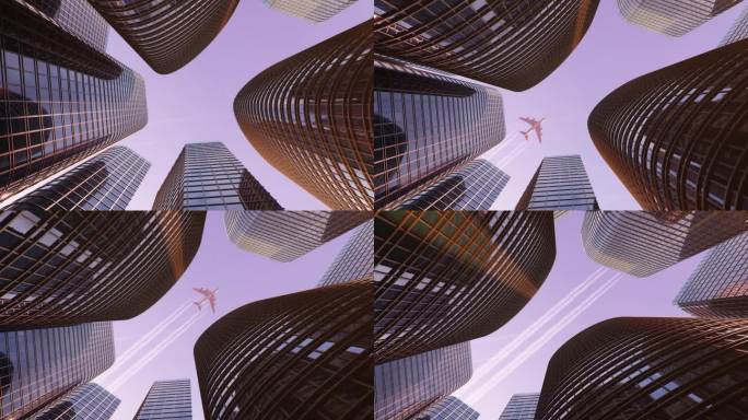 太阳落山时飞机在城市塔楼上空导航的3D动画。自底向上视图创建。傍晚，飞机在夕阳西下，商圈飞动。成功经