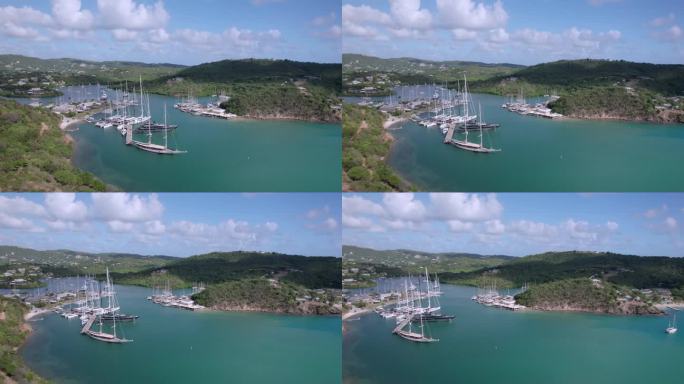 安提瓜岛英伦港和盖伦海滩的无人机航拍画面。