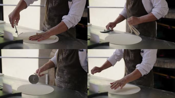 厨师做披萨手工切割流程