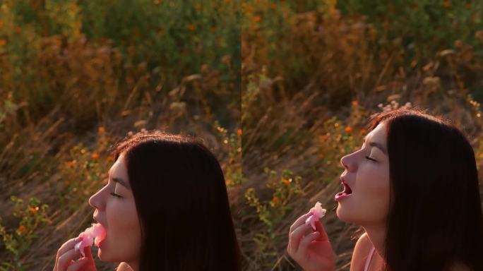 夕阳下，年轻女子在田野里吃粉红色的棉花糖。快乐时光，消磨时光。假期
