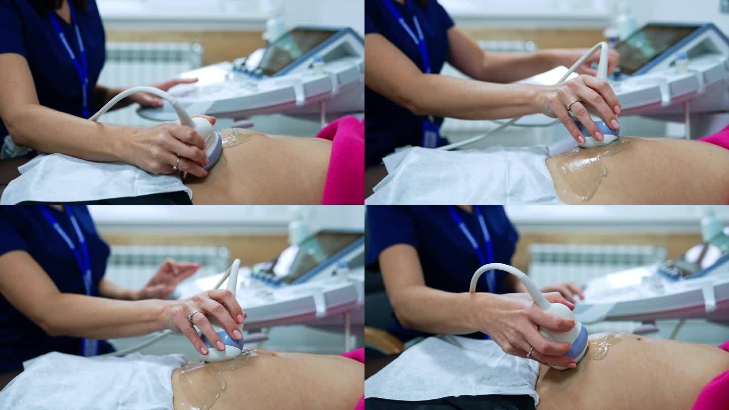 一名妇女在怀孕初期去看医生。孕妇正在做超声波检查。