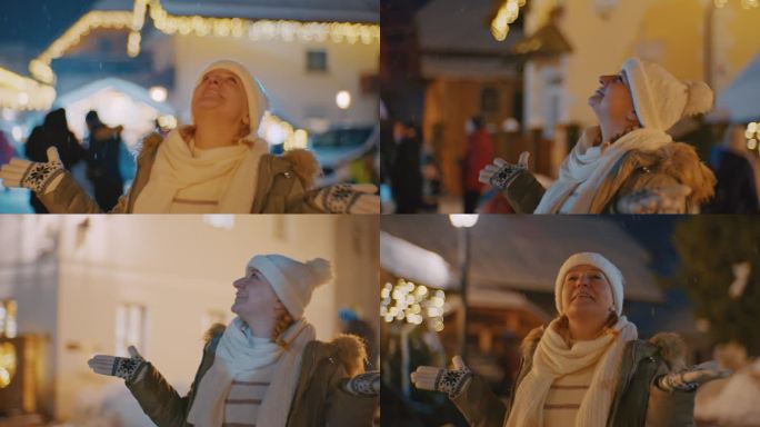 SLO - MO相机在圣诞市场上围绕着一个欣喜若狂的女人旋转
