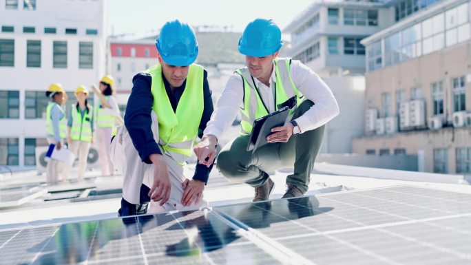 太阳能电池板、男子和工程讨论用平板电脑规划城市建设。电工，在电网，光伏系统和检测方面与数字技术团队合
