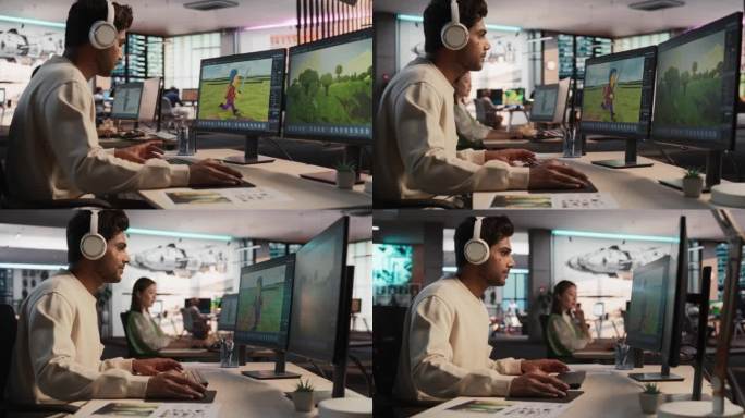 印度男性游戏设计师使用桌面电脑和3D建模软件为沉浸式RPG电子游戏设计独特的角色和世界。在游戏开发公