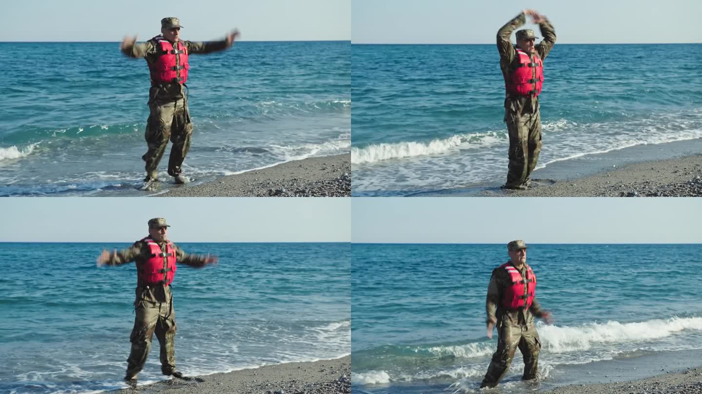 一名美国军人在海上跳杰克舞