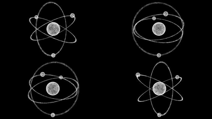 三维原子模型，原子核和电子在黑色bg上旋转。物体溶解了闪烁的微粒。科学的概念。用于标题，文本，演示。