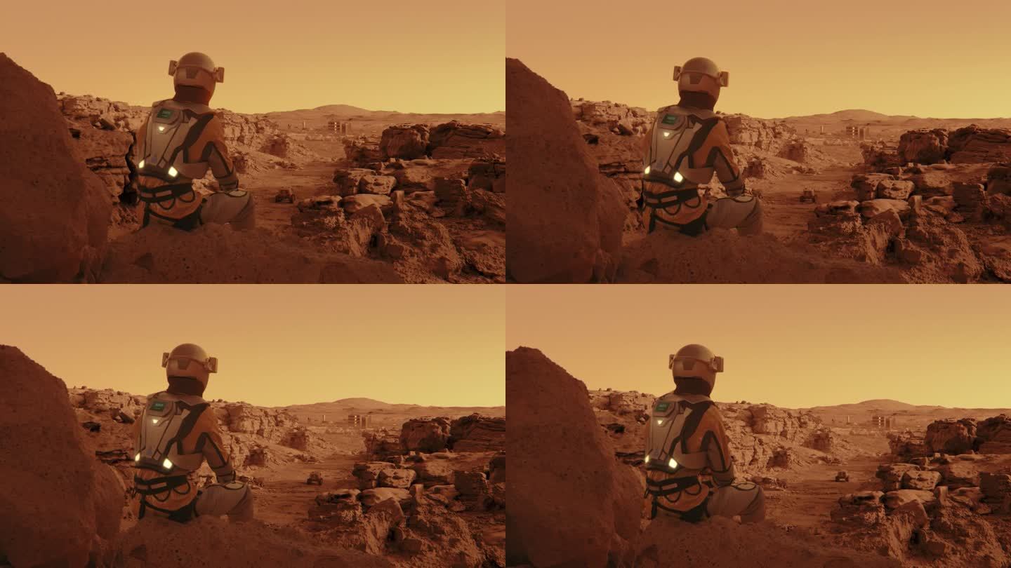 戴着沙特阿拉伯国旗的宇航员。独自坐在火星表面