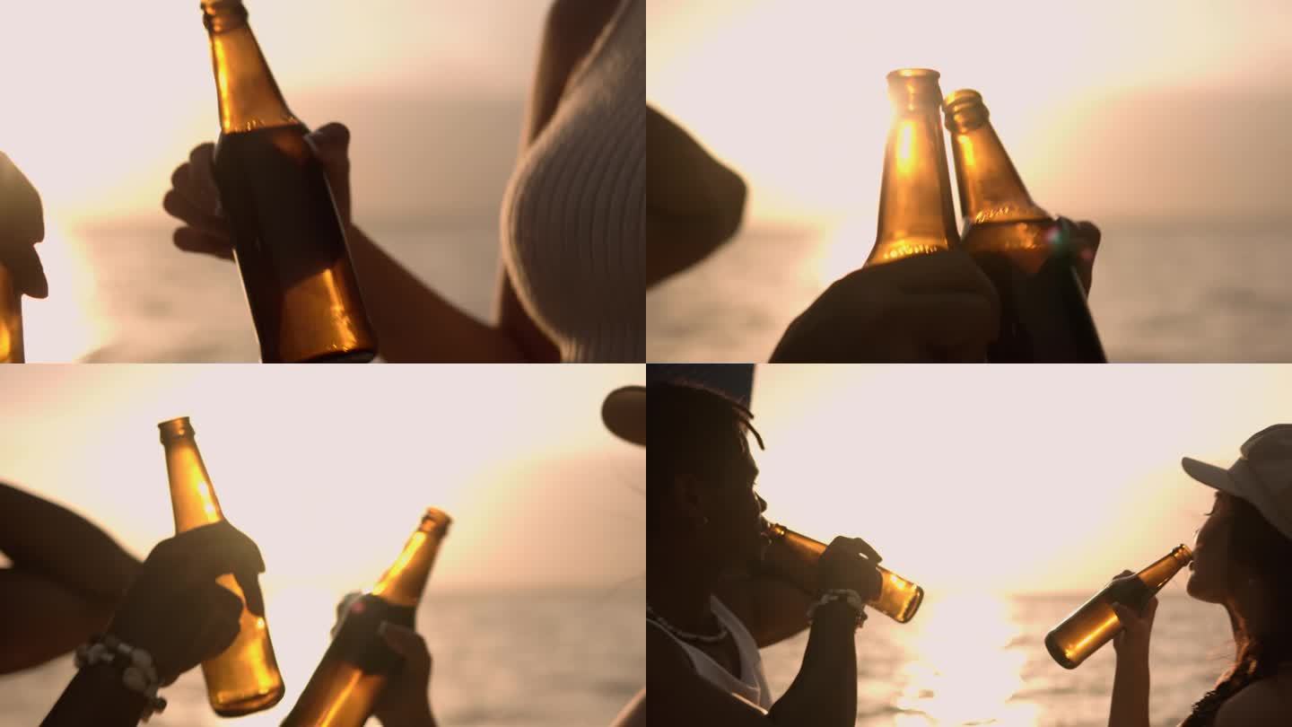 夏日里，一对年轻夫妇站在沙滩上喝啤酒