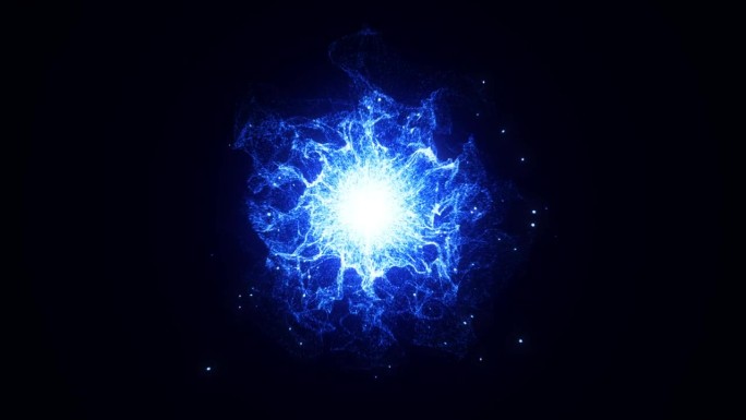 发光粒子的神奇流体动画。能量蓝色球体粒子轨迹。抽象的霓虹灯明亮的火焰闪烁和漩涡，3D动画。屏保视频动