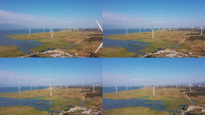航拍水库区风力发电机群