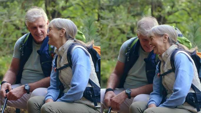 健身，徒步旅行和老年夫妇在森林里放松，在大自然中交谈，联系和欢笑。退休，爱情和老人们一起在丛林里徒步