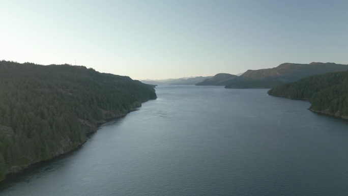 无人机拍摄的湖泊被森林和山脉包围