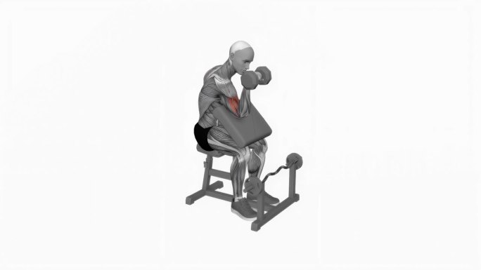 哑铃单臂反向传教士卷曲健身运动锻炼动画男性肌肉突出演示4K分辨率60 fps