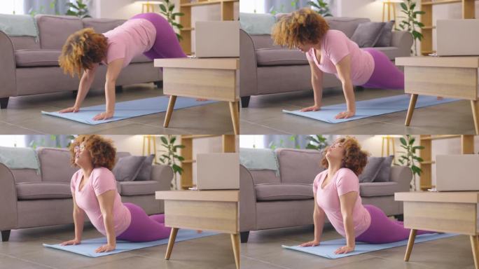 锻炼时，在家和女人一起练瑜伽，冥想和锻炼目标一起进步，身心健康。女性，瑜伽士和女孩伸展，禅和普拉提训