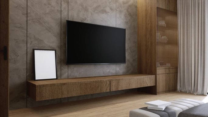 3 d渲染。室内装修中灰色墙面上的特写设计电视和木架装饰。4K视频动画。