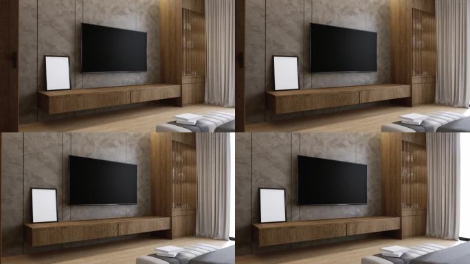 3 d渲染。室内装修中灰色墙面上的特写设计电视和木架装饰。4K视频动画。