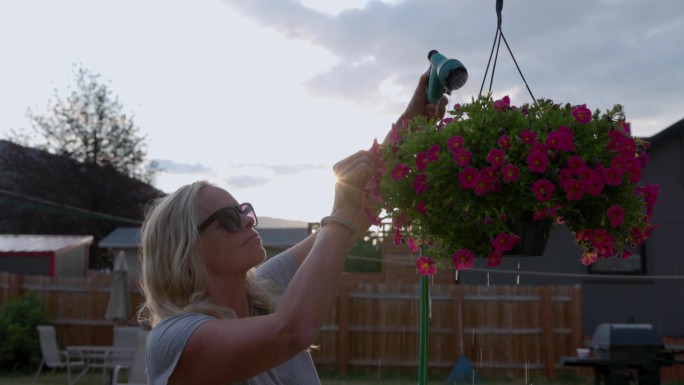 一个成熟的女人在后院里给挂着的花盆浇水