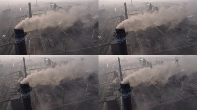 航拍特写画面。气候变化。全球变暖。从工业制造工厂里冒出来的浓烟。南非的工业空气污染