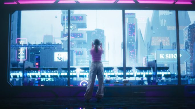 一个戴着耳机的时尚Cosplay模特的电影镜头，走向一个带有霓虹灯的未来科幻城市的窗户。在赛博朋克现