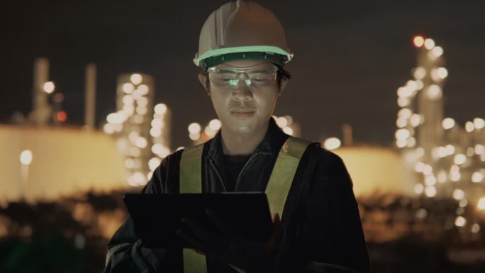 亚洲男性检验工程师在石油工厂和天然气精炼厂的笔记本电脑上工作，负责检验人员的安全质量控制。