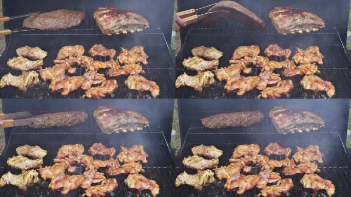烧烤架非常适合烹饪不同类型的肉，如牛肉、烤猪肉、鸡肉