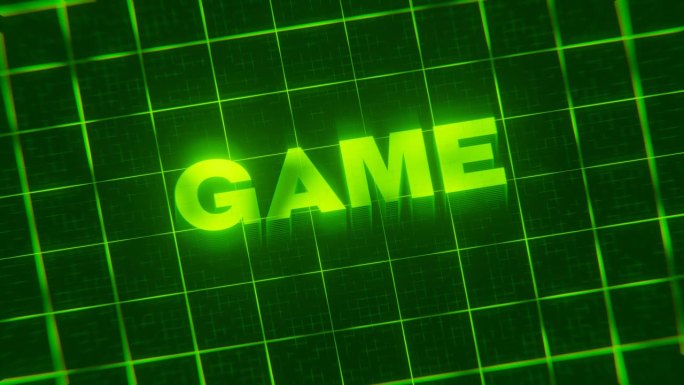 “GAME”这个词的3D渲染动画被隔离在绿色的网络背景上