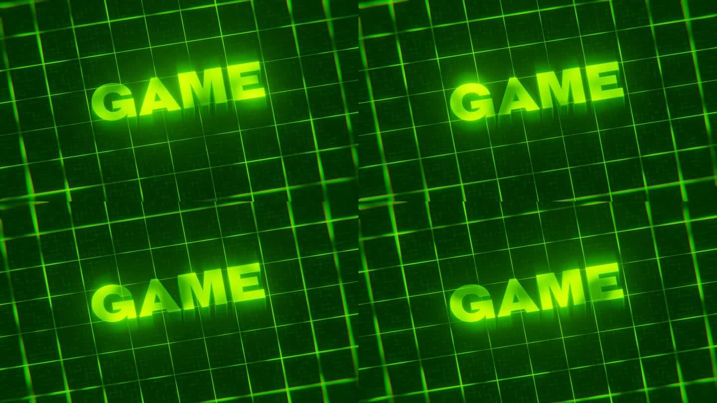 “GAME”这个词的3D渲染动画被隔离在绿色的网络背景上