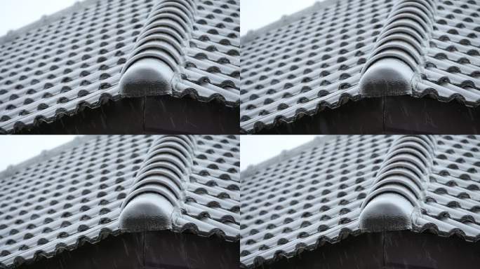 4K场景的雨季，大雨倾盆在黑瓦屋顶的房子