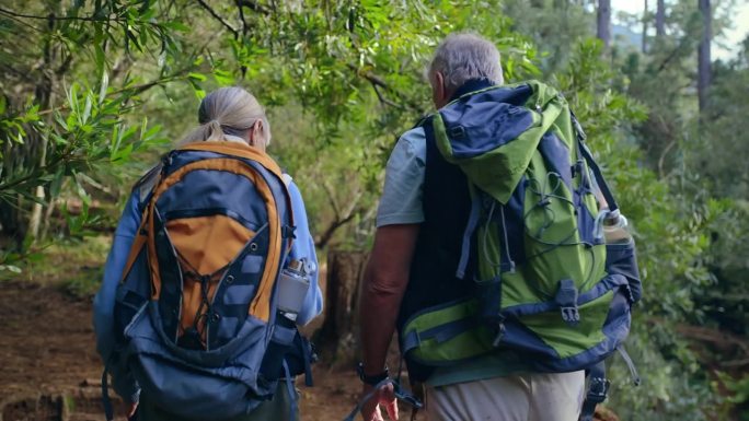 老两口，徒步和森林，健身和大自然一起散步，背包和旅行一起旅行。后视图，人们在退休和冒险，锻炼和新鲜空