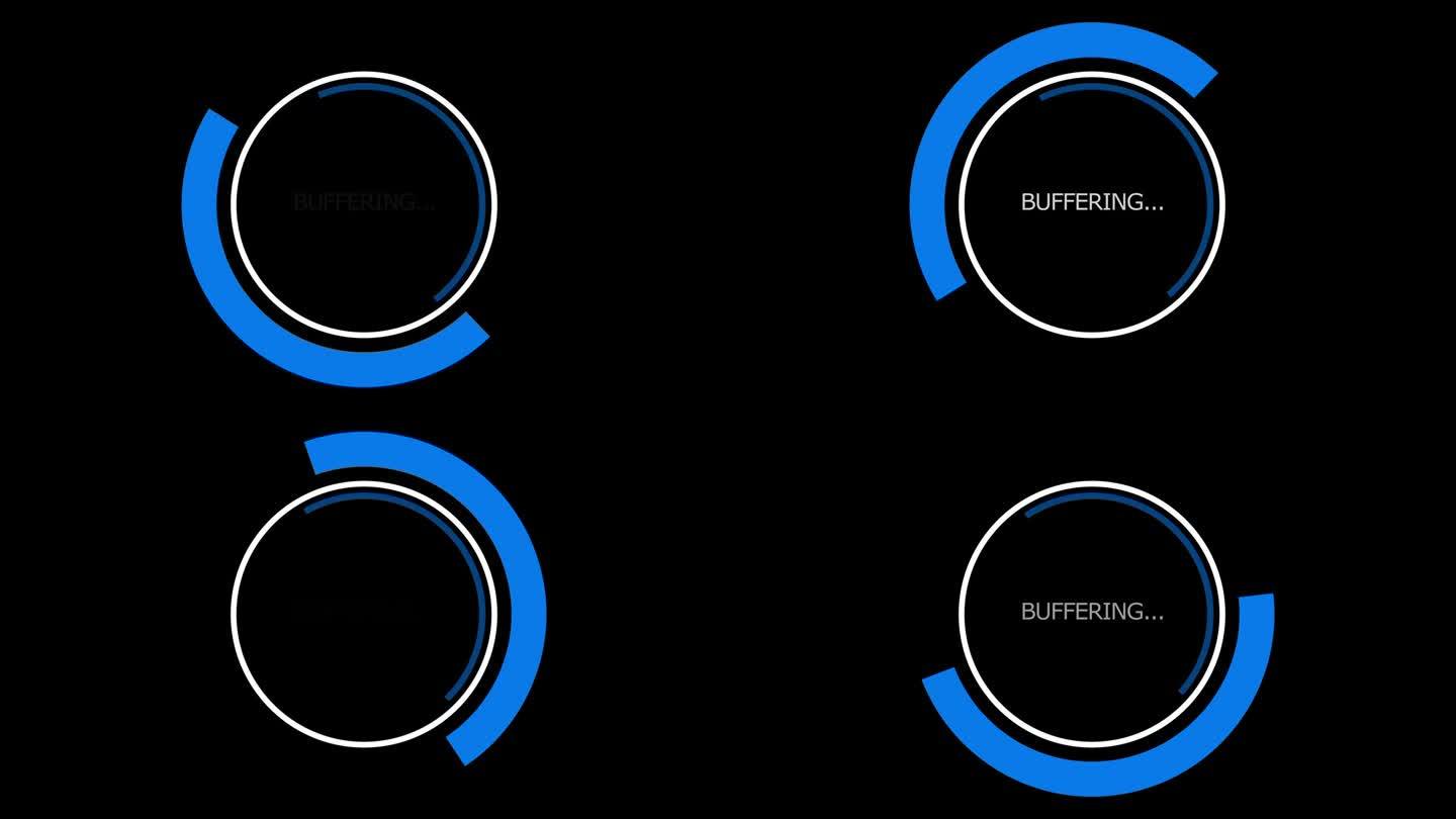 旋转圆和半圆闪烁铭文缓冲。软件程序更新在一个圆圈在黑色的背景。60 fps 3D动画