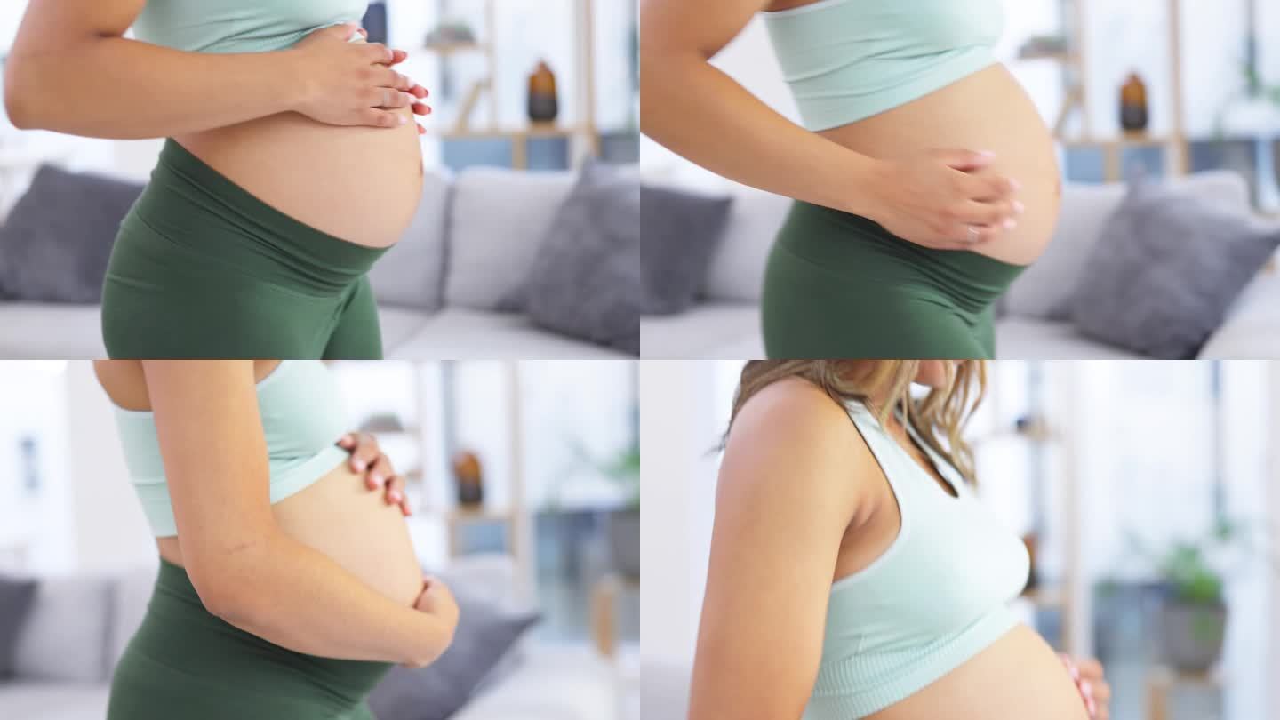 孕妇，在家按摩腹部和双手，带着宝宝的爱，支持或照顾放松。女性的笑脸、肚子或腹部发育与产妇、怀孕或房子