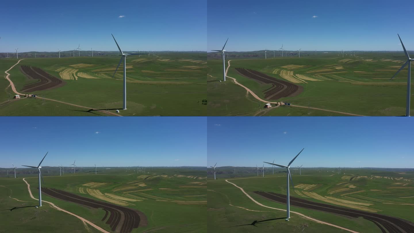 草原风车绿色能源 风力发电 航拍