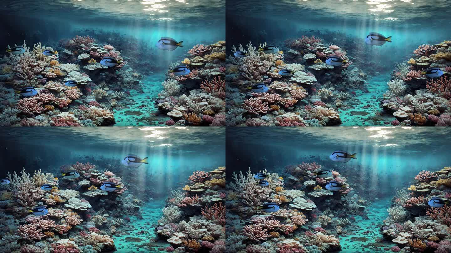 珊瑚礁上热带鱼的水下场景