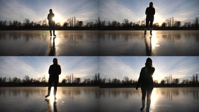 穿着溜冰鞋的年轻女子在结冰的湖面上滑行。女孩正在滑冰，背景是美丽的阳光。冬日河上的夕阳。冬季积极生活