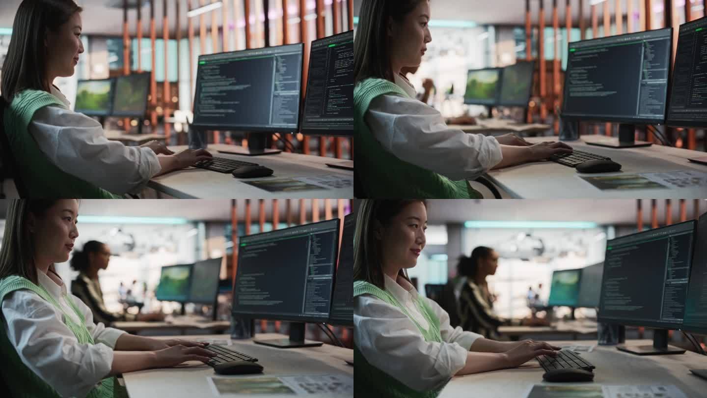 亚洲女性游戏程序员在游戏开发工作室的桌面电脑上编程。专注的女性编写代码行，为新的沉浸式3D RPG电