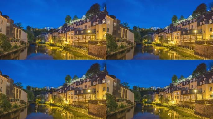 卢森堡大公国4K延时拍摄，历史悠久的卢森堡老城区阿尔泽特河沿岸的城市天际线夜间延时拍摄