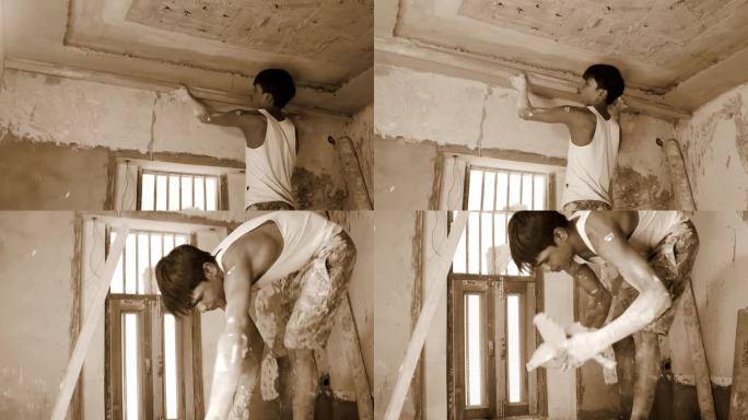 在建筑工地工作的小男孩，做天花板设计