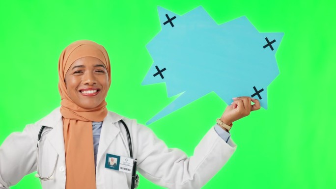 穆斯林妇女、医生和演讲在社交媒体的绿屏上以工作室为背景。女性医疗或保健专业人士的肖像指向图标，聊天或