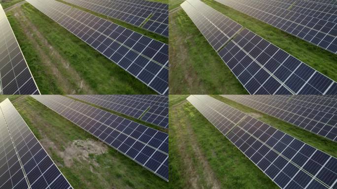 场地上的光伏模块阵列，利用太阳能进行清洁和环保的电力生产。