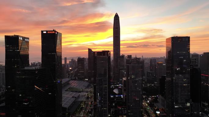 深圳福田区CBD日落晚霞夜景航拍