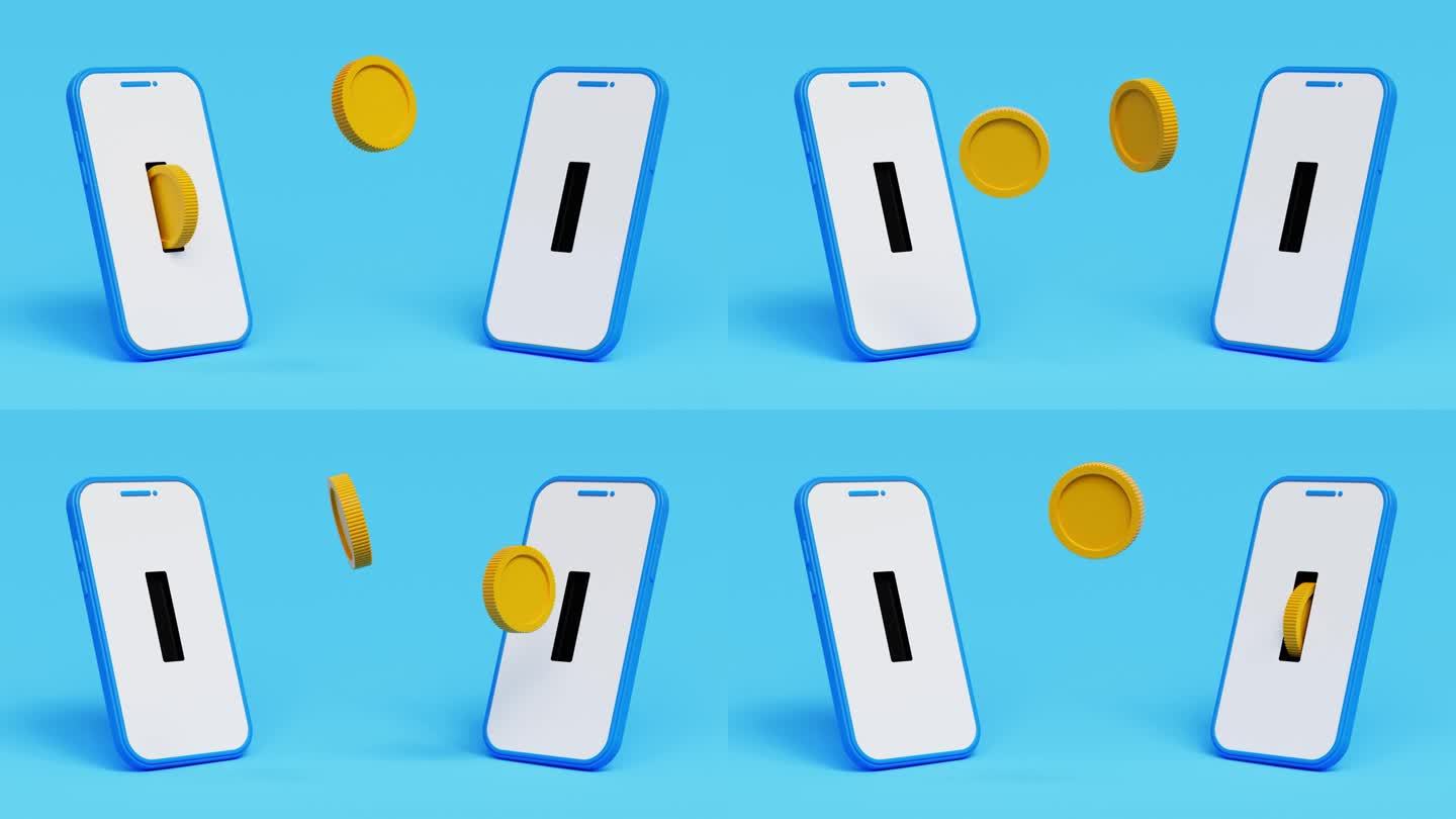 智能手机转账。3D金币从一部手机移动到另一部手机。无线收发钱，移动钱包。4K 3D循环动画