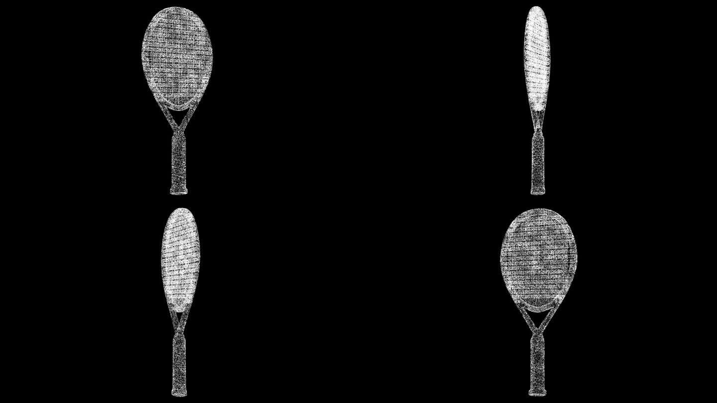 3D网球拍在黑色背景上旋转。由闪闪发光的微粒构成的物体。运动器材概念。用于标题，文本，演示。3d动画