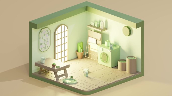 三维循环低聚洗衣房漆成绿色，等距视图