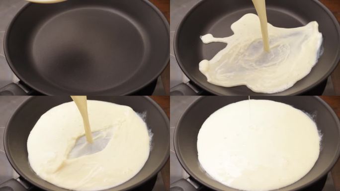 一个女人把加了牛奶的鸡蛋倒进煎锅里，准备做蛋白煎蛋卷