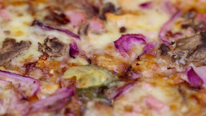 特写的新鲜和热披萨使用多种原料