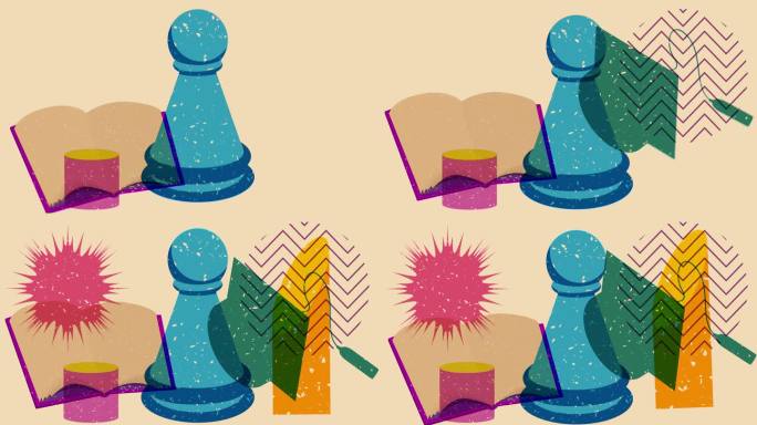 Risograph返校概念动画与国际象棋棋子，书，毕业帽和几何形状。