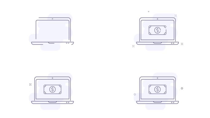 笔记本电脑4k视频动画与新兴美元符号。电子商务购物笔记本电脑动画大纲图标。用于网页设计，移动应用，U