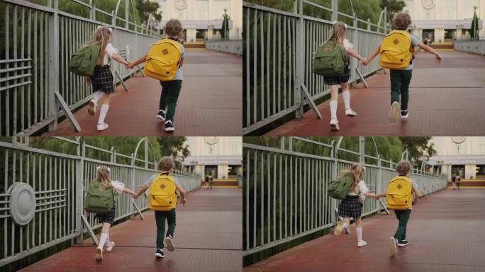 课后散步，可爱的小男孩和小女孩背着书包手牵手跑，后视图