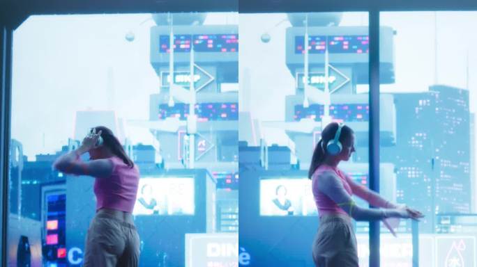 垂直屏幕:时尚的女舞者穿着粉红色，听着电子音乐，在霓虹灯的未来高科技城市的窗口前跳舞。科幻未来中的年